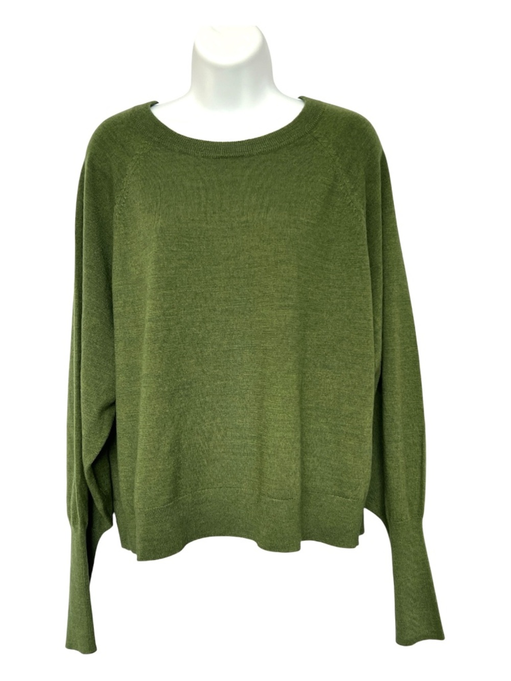 Max Studio Sweater 100% Extra Fine Merino Wool Green Round Neck Size XL